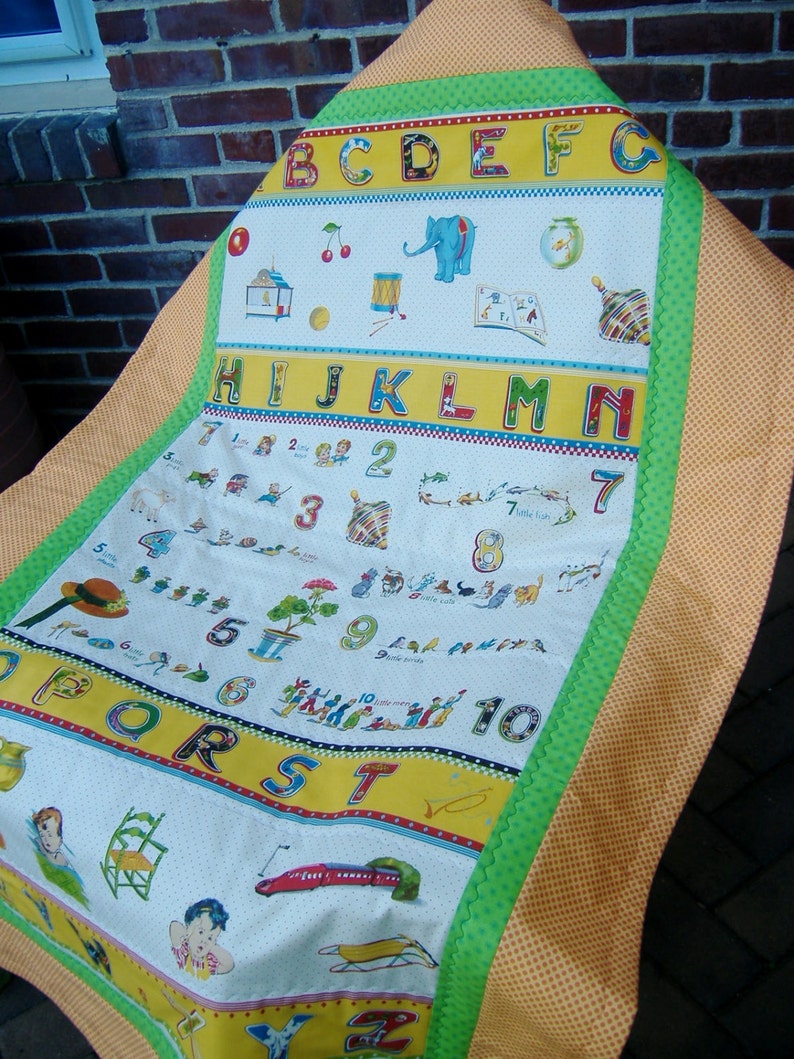 Alphabet baby quilt with vintage images and numbers Gender Etsy
