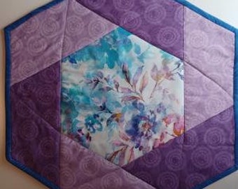 Quilted Table Topper Hexagon Watercolor purples