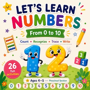 May include: Educational book cover titled LET'S LEARN NUMBERS From 0 to 10. Features a blue number 1 and yellow number 2 character, an abacus, a pencil, and stacked blocks. Includes text: Count, Recognize, Trace, Write, 26 fun activities, Ages 4-5.
