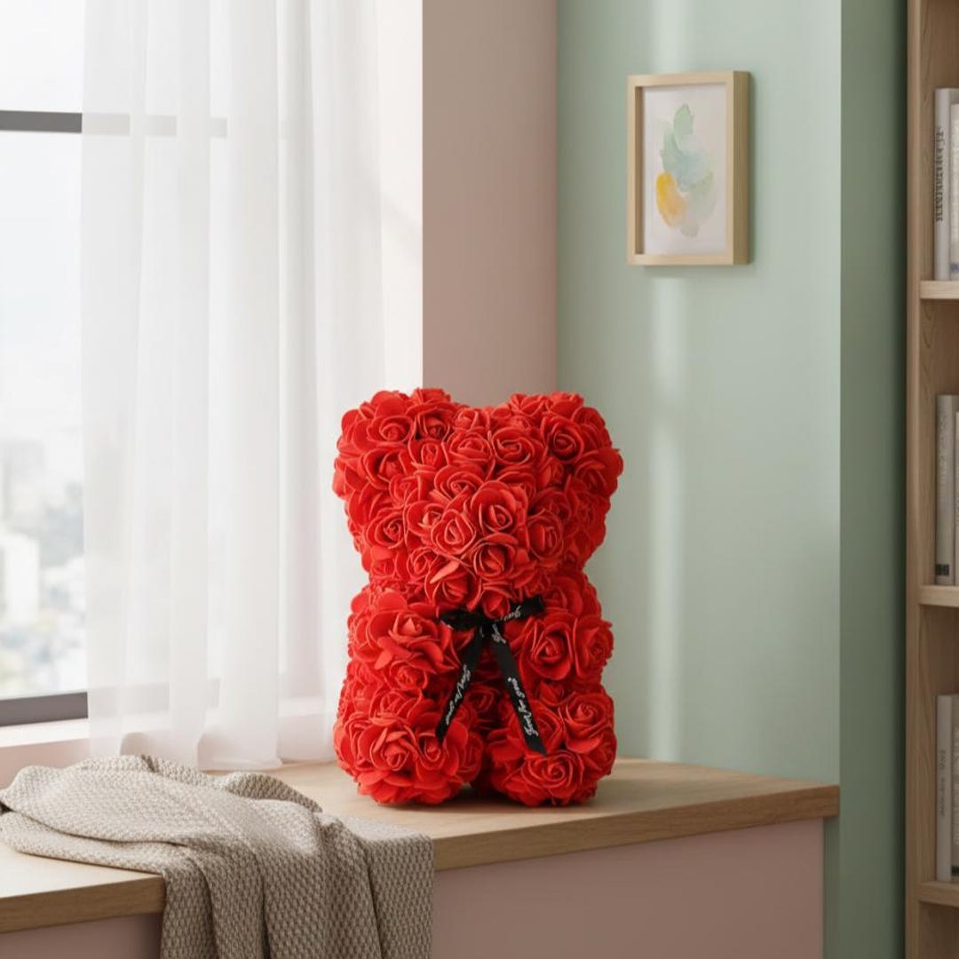 Handcrafted Eternal Rose Teddy Bear | Artificial Flower Sculpture 25CM ...