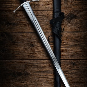 Handcrafted Medieval Long Sword: 40" Steel Blade, Black Handle, Leather Scabbard