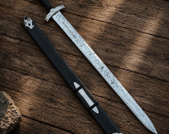 Handcrafted 38" | Viking Damascus | Seax Sword Decor | Nordic Rune Engraved | Collector Display Gift | with Scabbard.