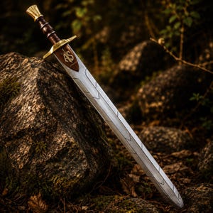Puede incluir: Una espada detallada con una hoja plateada y un mango marrón y dorado descansa contra una gran roca. La hoja tiene diseños grabados y el mango presenta detalles intrincados. La guarda de la espada tiene una incrustación de madera con las iniciales "AS".
