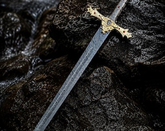 Handcrafted Templar Knight Sword | Damascus Pattern Steel, Leather Sheath, Medieval Decor