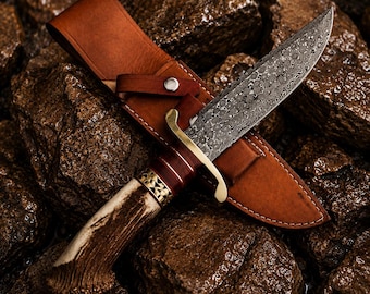 Handmade Damascus Pattern | Display Piece | Antler Style Handle | Collector Decor with Leather Sheath.