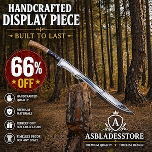 May include: A handcrafted sword with a polished steel blade and a wooden handle is displayed on a tree stump. The image includes text that reads "HANDCRAFTED DISPLAY PIECE" and "66% OFF". The sword is a perfect gift for collectors. The background is a forest.