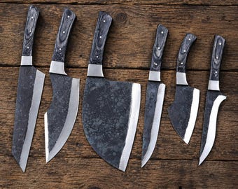 Hand Forged Damascus Style Chef Knife Set with Leather Roll – Rustic Culinary Tools