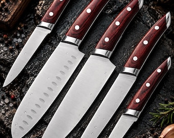 5-Piece Wood Handle Kitchen Knife Set | Stainless Steel Chef Collection | with leather Roll