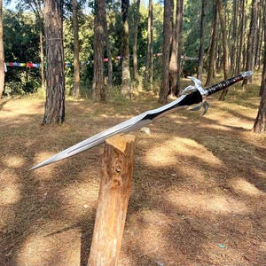May include: A silver and black sword with a pointed blade rests on a wooden stump. The sword has a decorative hilt with a black grip and silver accents. The background shows a forest setting with tall trees and dry grass.