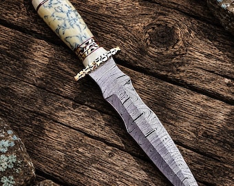 Hand Forged | Damascus Steel Knife 15" | Purple Resin Handle | Leather Sheath | Collector Gift Decor
