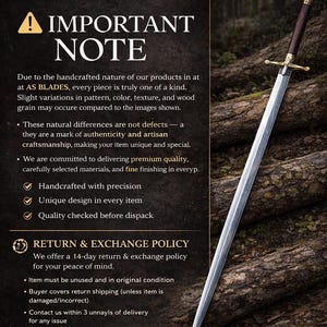 May include: A long sword with a silver blade, gold hilt, and dark brown handle. The image includes text for "AS BLADES" and an "Important Note" about handcrafted products. The sword is displayed against a wood background.