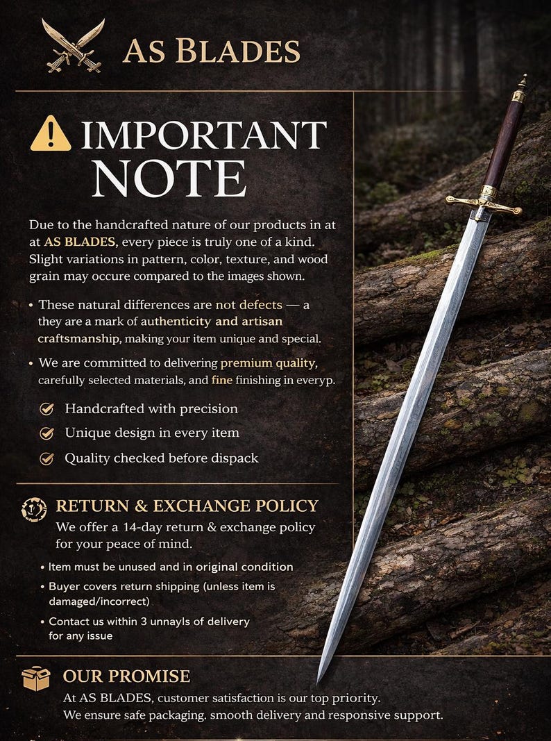 May include: A long sword with a silver blade, gold hilt, and dark brown handle. The image includes text for "AS BLADES" and an "Important Note" about handcrafted products. The sword is displayed against a wood background.