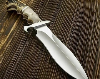 Handmade D2 Steel Bowie Knife: 15" Stag Handle Hunting Knife with Leather Sheath