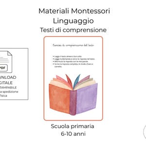 Può includere: Un grafico scaricabile digitalmente con il testo "Materiali Montessori Linguaggio Testi di comprensione". L'immagine include un'illustrazione ad acquerello di un libro aperto e testo in italiano. Il testo include "Scuola primaria 6-10 anni".