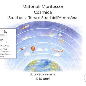 Può includere: Illustrazione ad acquerello degli strati della Terra e dell'atmosfera, con un razzo, un aereo, una mongolfiera e un satellite. Il testo include "Materiali Montessori Cosmica" e "Scuola primaria 6-10 anni". Un'icona di download PDF è a sinistra.