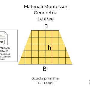 Può includere: Un download digitale PDF per la geometria Montessori, con un trapezio giallo diviso in quadrati. L'immagine include le etichette 'b', 'h' e 'B', insieme al testo: 'Materiali Montessori Geometria Le aree Scuola primaria 6-10 anni'.