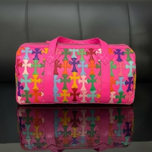 Pink Leather Duffle Bag | Multicolor Cross Patchwork Travel Weekender