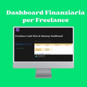 Könnte beinhalten: Ein Computermonitor zeigt ein Finanz-Dashboard mit dem Titel "Freelance Cash Flow & Runway Dashboard". Der Bildschirm zeigt Finanzdaten, einschließlich Einnahmen und Ausgaben. Der Hintergrund ist ein leuchtendes Grün.