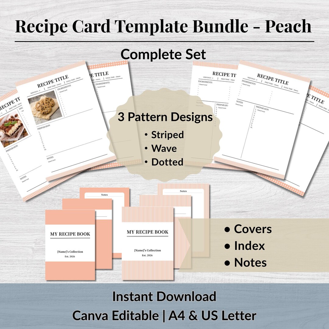 Recipe Card Template Bundle (peach) | Editable in Canva | 3 Patterns ...