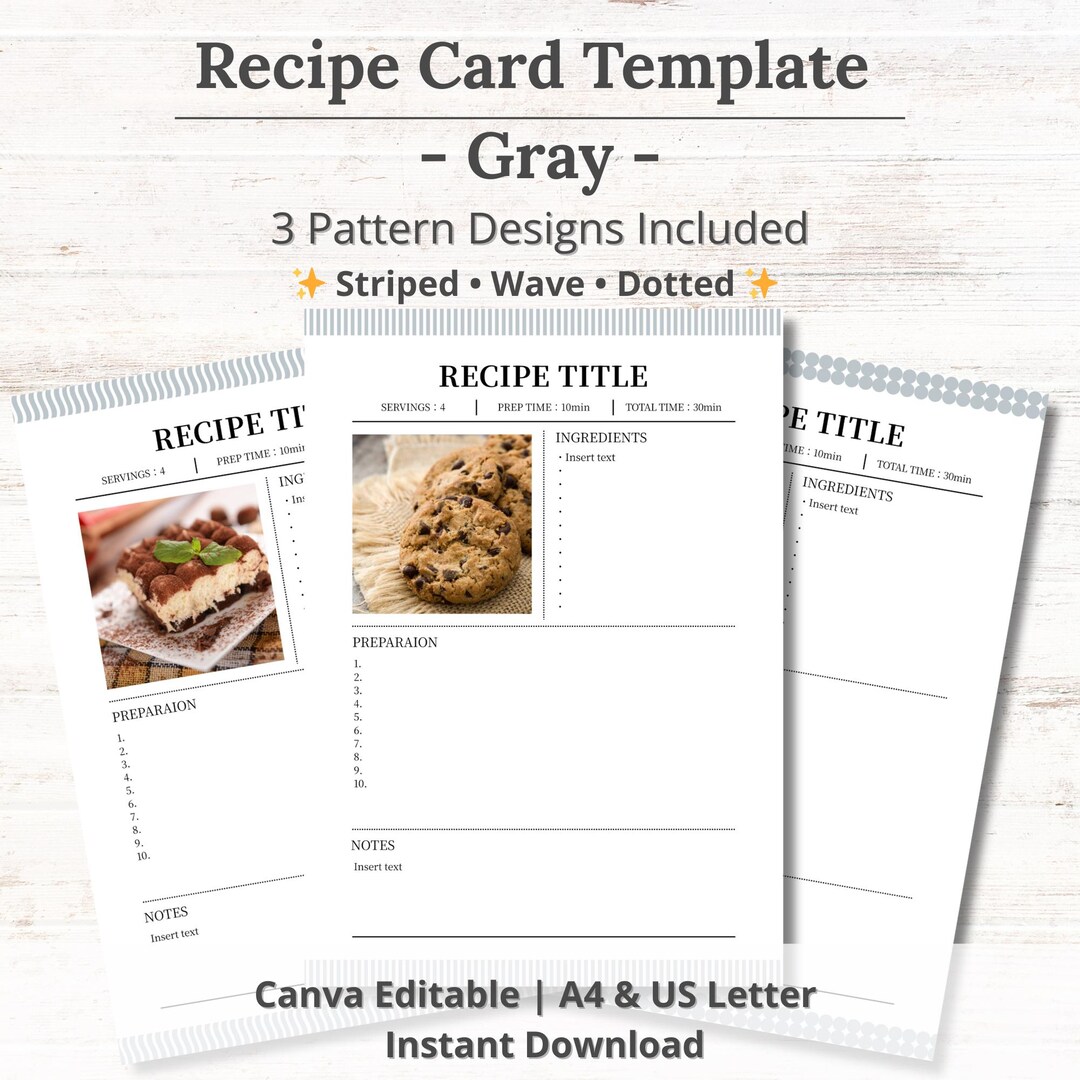 Recipe Card Template, Gray, 3 Patterns | Editable in Canva | Stripes ...