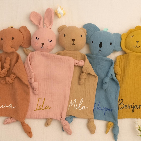Personalised bunny muslin baby comforter, New baby gift, Baby shower and christening keepsake, Embroidered security blannket, Easter baby