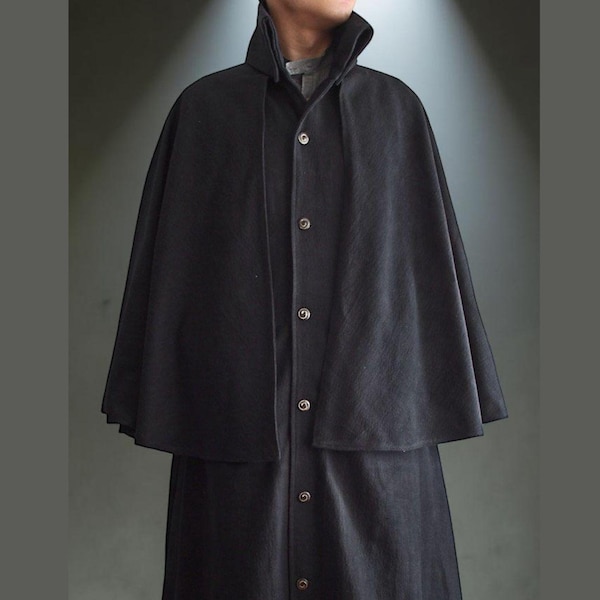 Men's Victorian Inverness Cape Coat Long Black Wool Outerwear