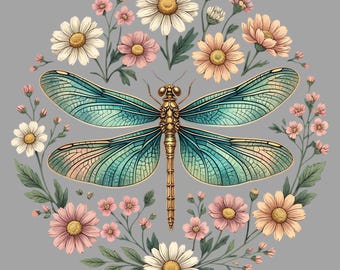 Dragonfly Daisy PNG, vintage bloemen lenteontwerp, botanische afbeelding (digitale download)