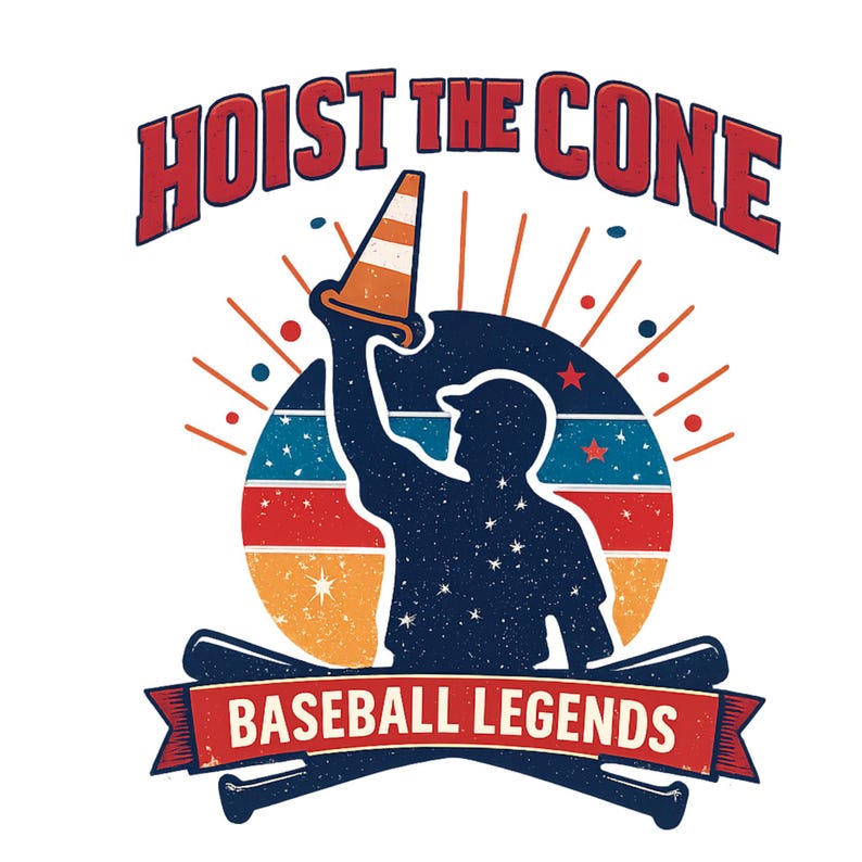 May include: A graphic design featuring a baseball player silhouette holding a traffic cone. The text reads "HOIST THE CONE" above and "BASEBALL LEGENDS" below, with a retro color scheme of red, orange, blue, and white. Two crossed baseball bats are at the bottom.