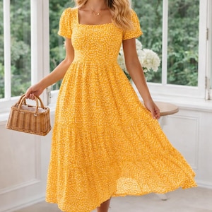 Vintage Inspired Floral Maxi Dress, Puff Sleeve Square Neck Summer Dress