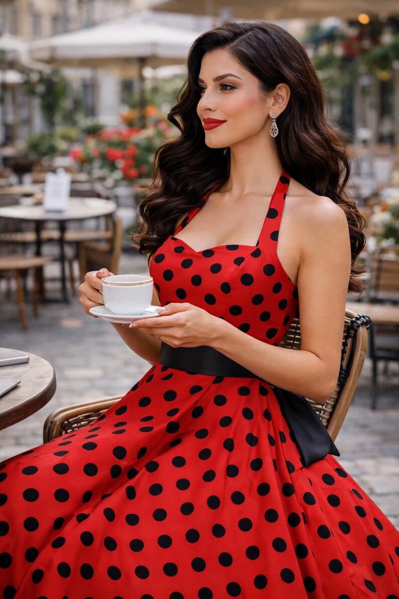 K&ouml;nnte beinhalten: Ein rotes Kleid mit schwarzen Punkten und einem schwarzen G&uuml;rtel. Das Kleid wird von einer Person getragen, die eine wei&szlig;e Tasse und Untertasse h&auml;lt. Die Person sitzt in einem Stuhl in einem Stra&szlig;encaf&eacute;.