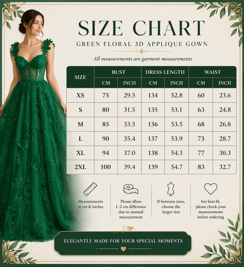 Puede incluir: Tabla de tallas para un vestido verde con apliques florales en 3D. La tabla incluye medidas de busto, largo del vestido y cintura en cm y pulgadas. El texto dice "Elegantly Made For Your Special Moments."