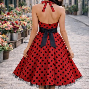 K&ouml;nnte beinhalten: Rotes Polka-Dot-Halterkleid mit schwarzer Schleife in der Taille. Das Kleid hat einen T&uuml;llsaum und einen Neckholder-Tr&auml;ger. Das Kleid ist im klassischen Vintage-Stil.