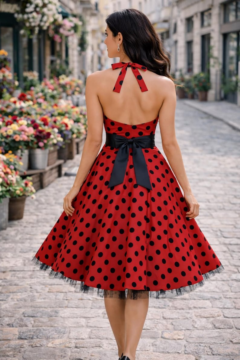 K&ouml;nnte beinhalten: Rotes Polka-Dot-Halterkleid mit schwarzer Schleife in der Taille. Das Kleid hat einen T&uuml;llsaum und einen Neckholder-Tr&auml;ger. Das Kleid ist im klassischen Vintage-Stil.