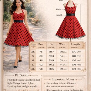 K&ouml;nnte beinhalten: Rotes Halfterkleid mit schwarzen Punkten, einem schwarzen G&uuml;rtel und einem ausgestellten Rock. Das Bild enth&auml;lt eine Gr&ouml;&szlig;entabelle mit Ma&szlig;en in cm und Zoll sowie den Text "Size Chart". Das Kleid ist im Vintage-Stil.