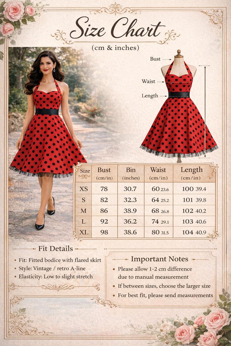 K&ouml;nnte beinhalten: Rotes Halfterkleid mit schwarzen Punkten, einem schwarzen G&uuml;rtel und einem ausgestellten Rock. Das Bild enth&auml;lt eine Gr&ouml;&szlig;entabelle mit Ma&szlig;en in cm und Zoll sowie den Text "Size Chart". Das Kleid ist im Vintage-Stil.