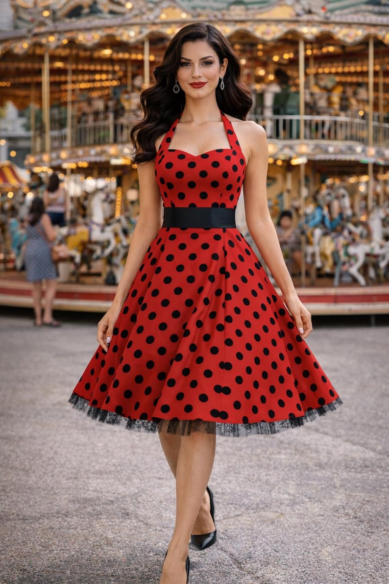 K&ouml;nnte beinhalten: Rotes Kleid mit schwarzen Polka Dots und schwarzem G&uuml;rtel. Das Kleid hat einen Neckholder-Ausschnitt und einen ausgestellten Rock mit schwarzem Spitzensaum. Im Hintergrund ist ein Karussell zu sehen.