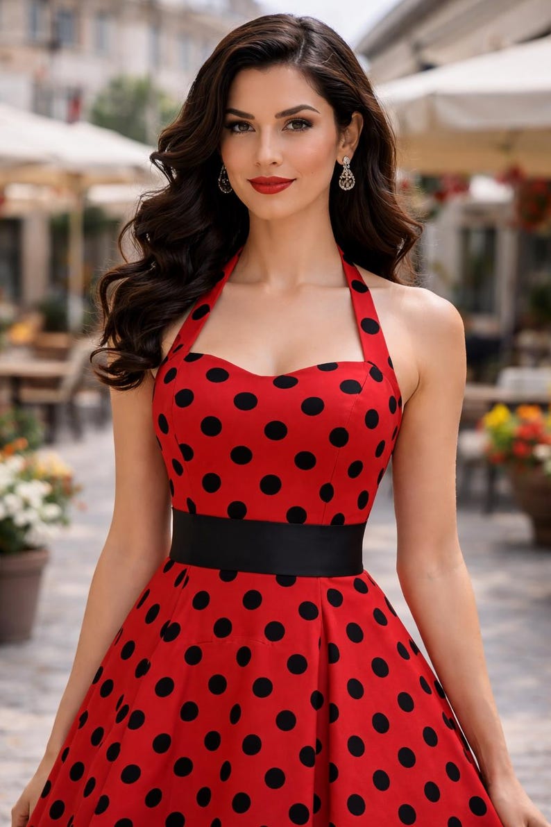 K&ouml;nnte beinhalten: Ein rotes Kleid mit schwarzen Polka-Dots und einem schwarzen Taillenband. Das Kleid hat einen Neckholder-Ausschnitt und einen ausgestellten Rock. Das Model tr&auml;gt Ohrringe und hat dunkles, welliges Haar.