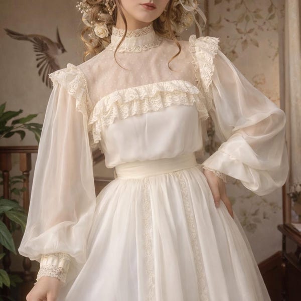 Vintage Inspired Cottagecore Chiffon Lace Midi Dress, Lantern Sleeve Empire Waist Romantic Dress