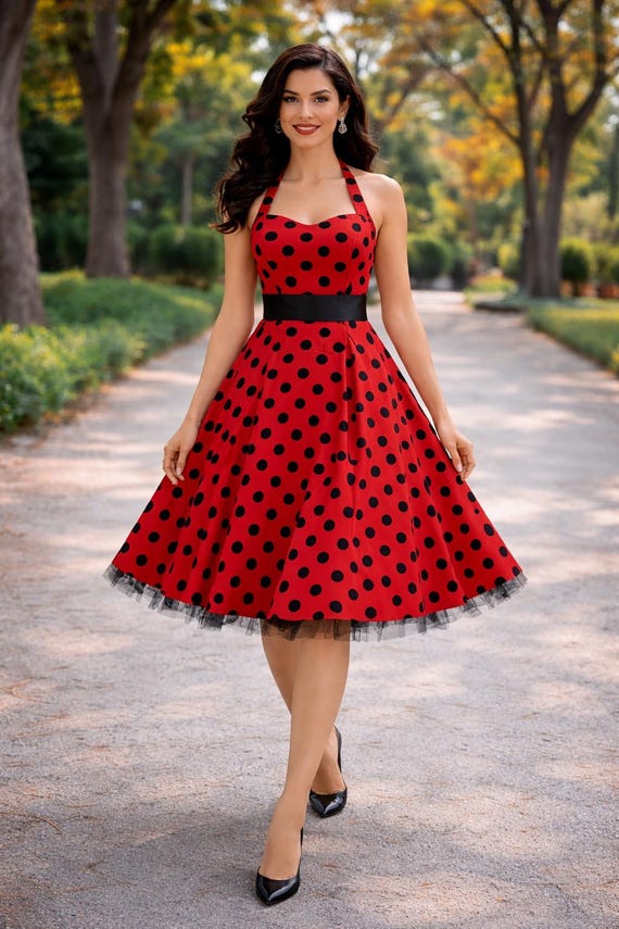 Red Polka Dot Halter A-Line Midi Dress, 50s Retro Swing Party Style