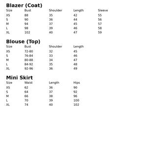 May include: A size chart in black text on a white background, listing measurements in centimeters for blazers, blouses, and mini skirts. The chart includes bust, shoulder, length, waist, hips, and sleeve measurements for various sizes.