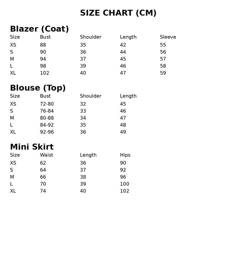 May include: A size chart in black text on a white background, listing measurements in centimeters for blazers, blouses, and mini skirts. The chart includes bust, shoulder, length, waist, hips, and sleeve measurements for various sizes.