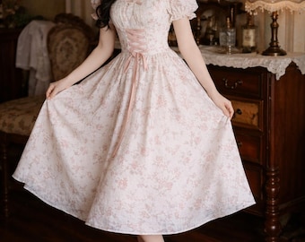Florales Midikleid - Puffärmel im Korsettstil, romantische A-Linie Sommer-Tee-Party