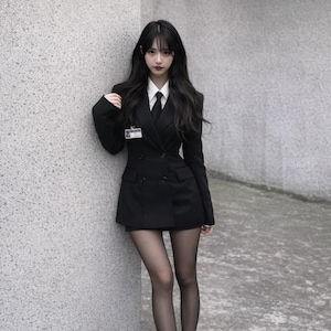 May include: A black double-breasted blazer with a white collared shirt and black tie. The blazer has two rows of buttons and a fitted silhouette. The person is wearing black pantyhose. A name tag is visible.