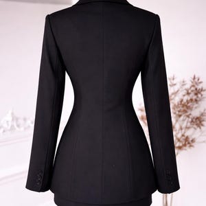 Black 3-Piece Suit Set, Slim Fit Blazer, Mini Skirt, Blouse, Tailored Workwear image 3