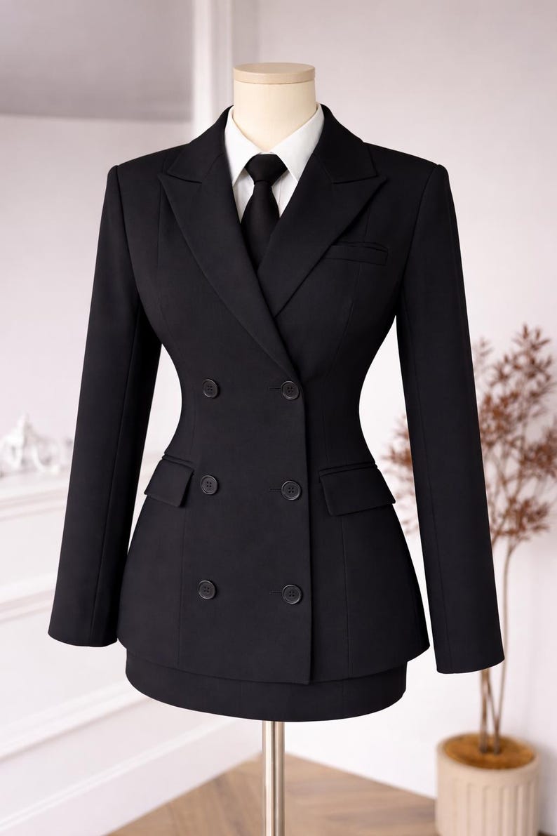 May include: A black double-breasted suit with a white collared shirt and black tie. The suit features a tailored fit with a skirt, and is displayed on a mannequin. The suit has two rows of buttons and two front pockets.