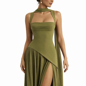 Olive Green Lace Up Back Maxi Dress, Elegant Fit & Flare Evening Gown