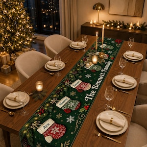 May include: A dark green Christmas table runner featuring a repeating pattern of red and green stockings, each personalised with names including Ava, Mason, and Harper, alongside the text The Bennett Family, accented with white snowflakes and pine.