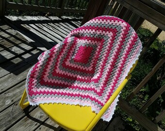 Crochet Baby Blanket Pink, Gray, White, Granny Square