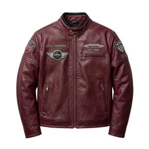 Handmade Maroon Mini Cooper Leather Jacket Vintage Racing Biker Coat