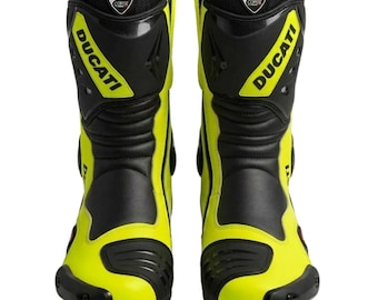 Stivali da moto Ducati neri e giallo neon fatti a mano, da uomo, sportivi, da corsa